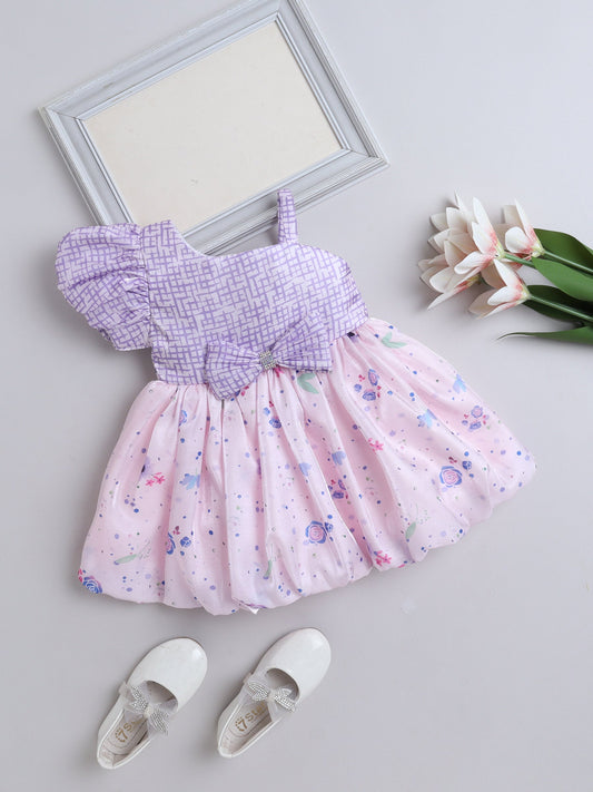 One Shoulder Bow Applique Floral Printed Dress -  Purple