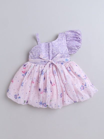One Shoulder Bow Applique Floral Printed Dress -  Purple
