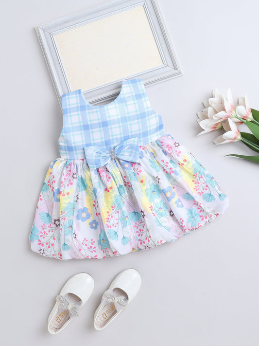 Sleeveless Bow Applique Floral Printed Dress -  Blue