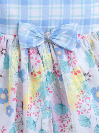 Sleeveless Bow Applique Floral Printed Dress -  Blue