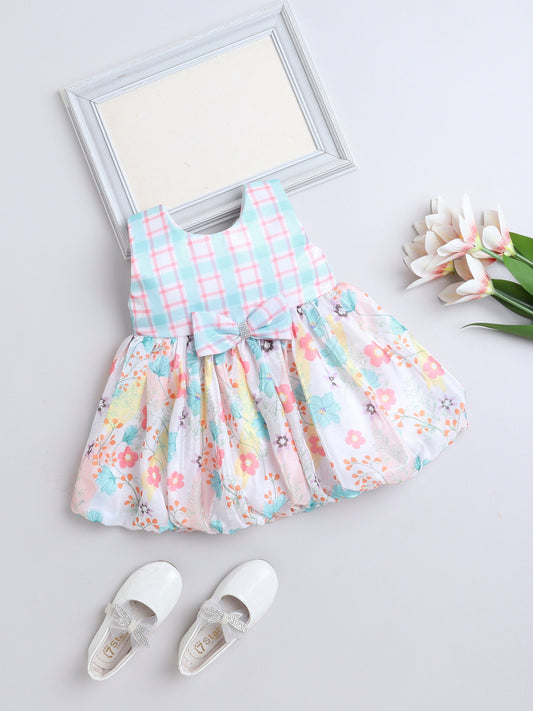 Sleeveless Bow Applique Floral Printed Dress - Aqua Blue