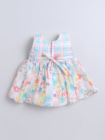 Sleeveless Bow Applique Floral Printed Dress - Aqua Blue