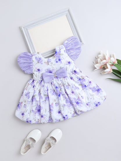 Half Sleeves Floral Printed Bow Applique Dress - Purple