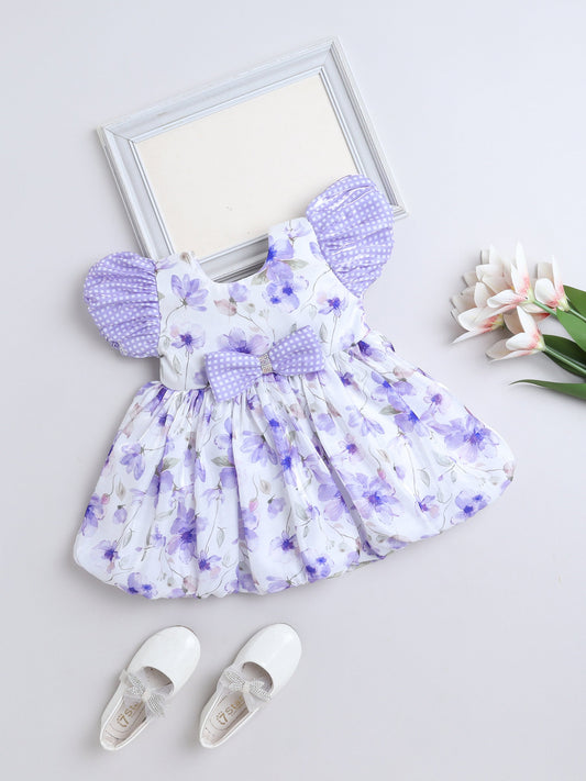 Half Sleeves Floral Printed Bow Applique Dress - Purple