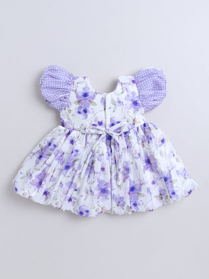 Half Sleeves Floral Printed Bow Applique Dress - Purple