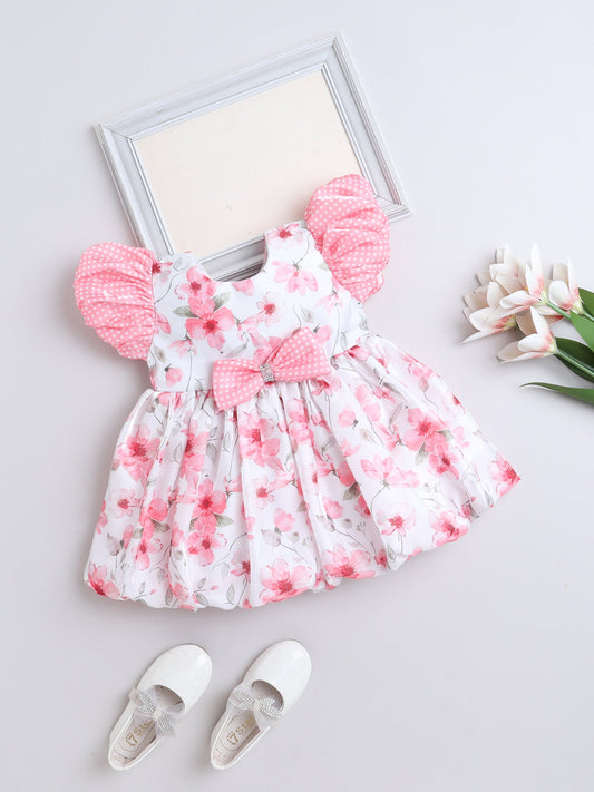 Half Sleeves Floral Printed Bow Applique Dress - Peach