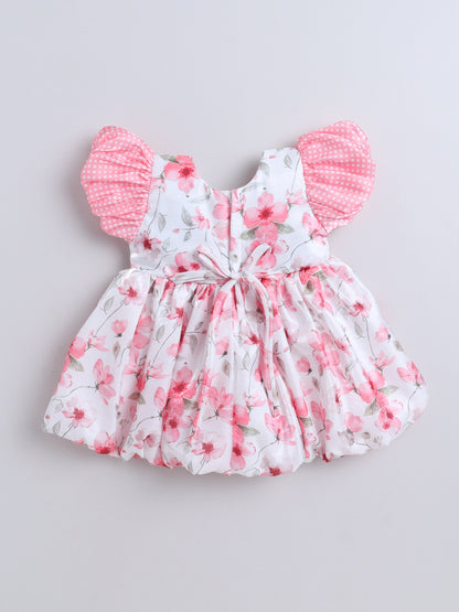 Half Sleeves Floral Printed Bow Applique Dress - Peach