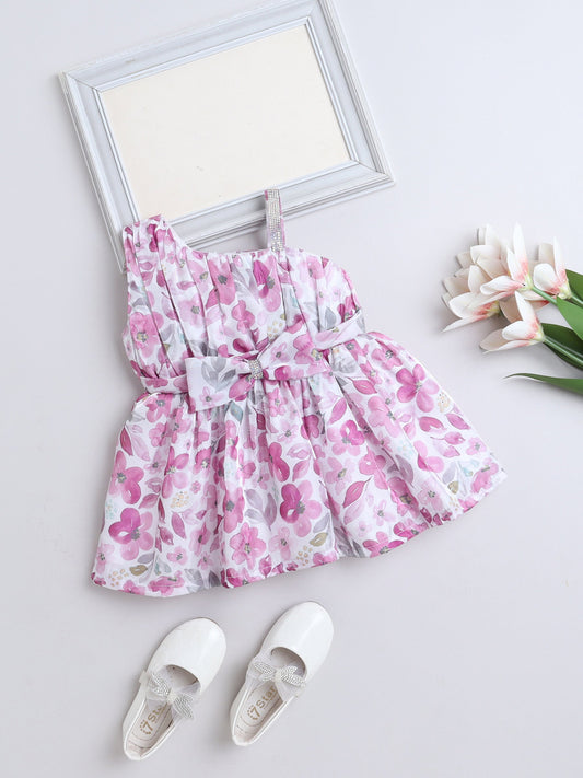 One Shoulder Floral Printed Bow Applique Dress - Wine