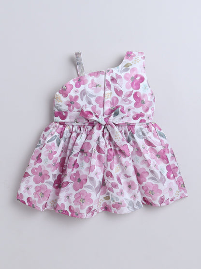 One Shoulder Floral Printed Bow Applique Dress - Wine