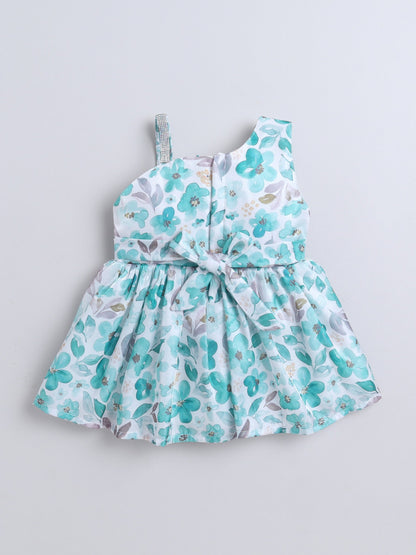 One Shoulder Floral Printed Bow Applique Dress - Teal Blue