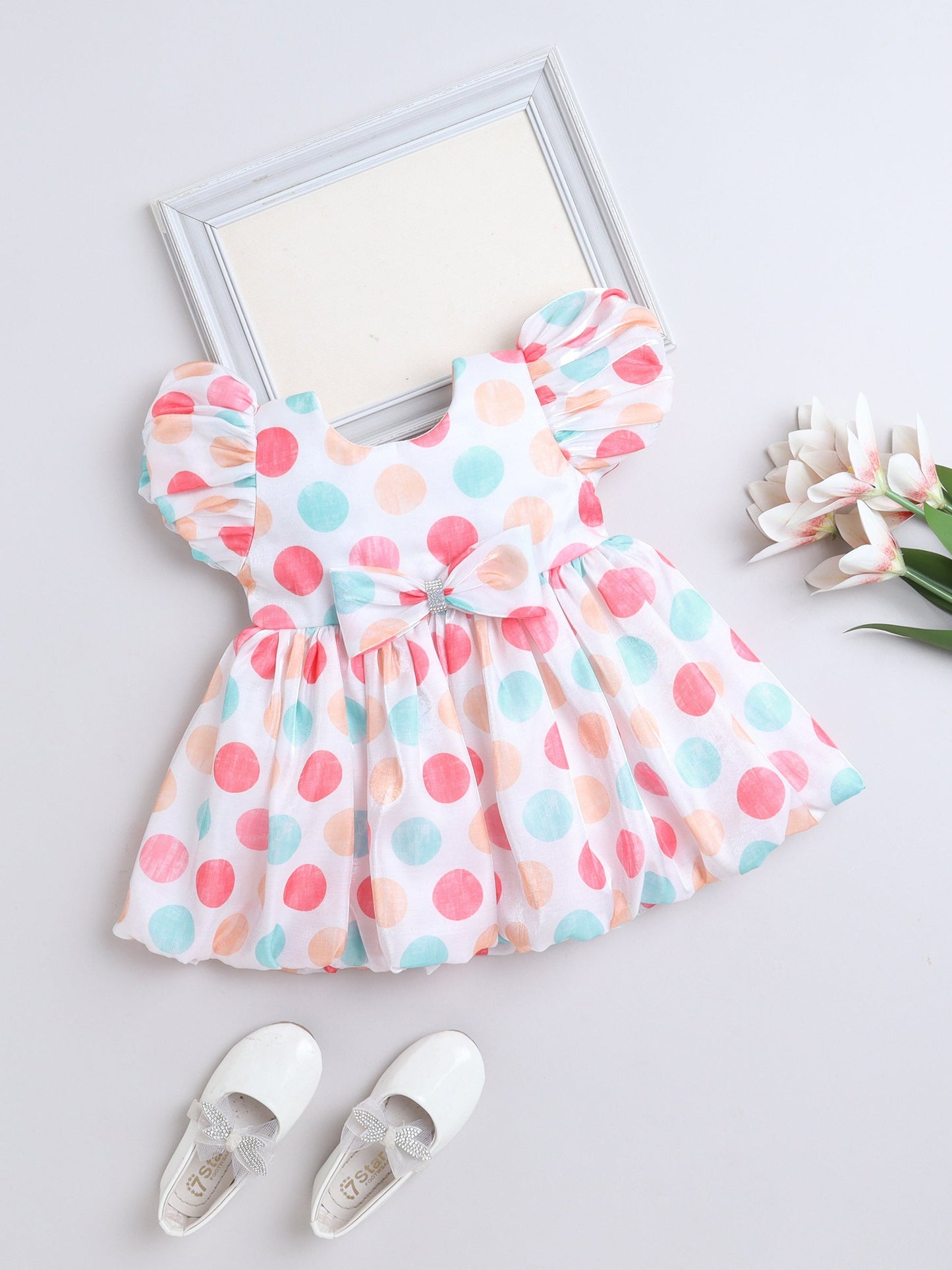 Knee Length Polka Digital Printed Balloon Hem & Sleeves Party Dress - Off White