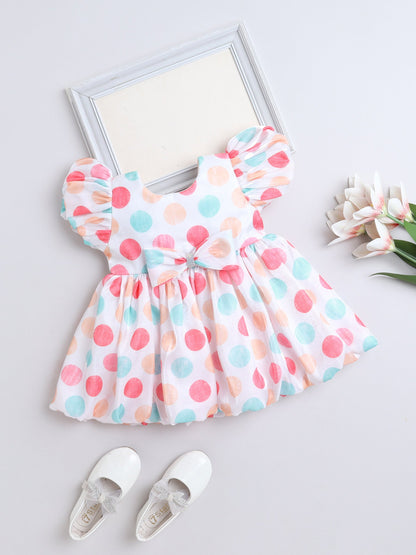 Knee Length Polka Digital Printed Balloon Hem & Sleeves Party Dress - Off White