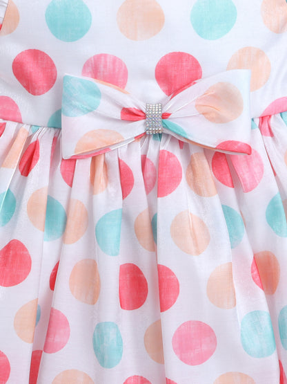 Knee Length Polka Digital Printed Balloon Hem & Sleeves Party Dress - Off White