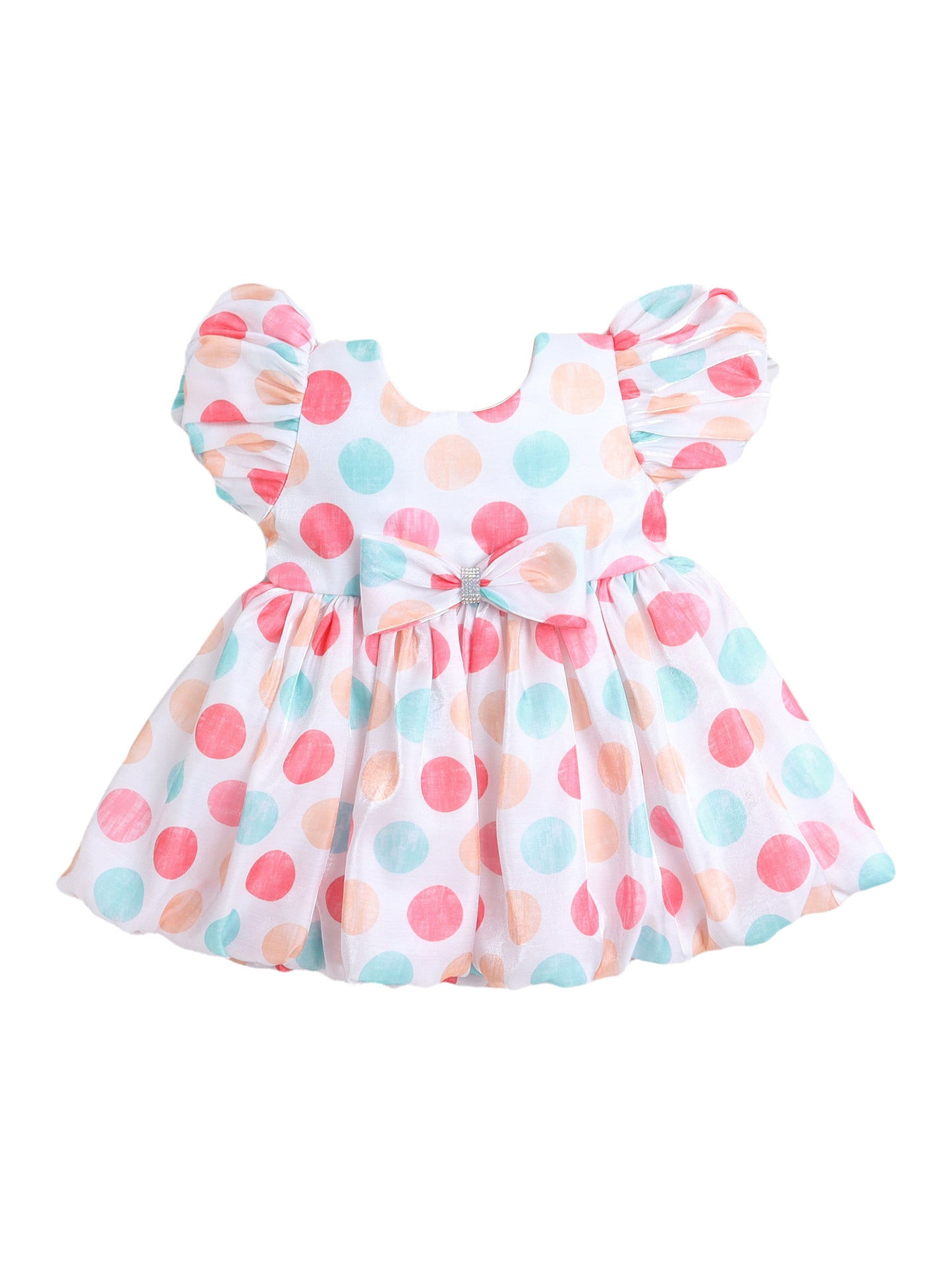 Knee Length Polka Digital Printed Balloon Hem & Sleeves Party Dress - Off White