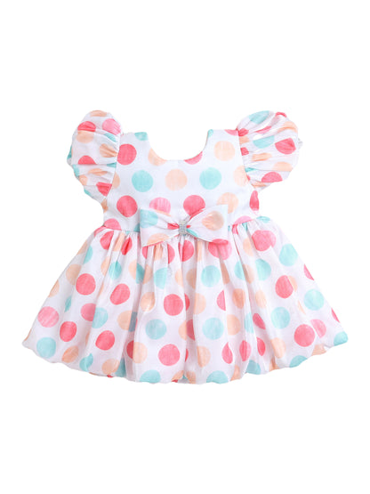 Knee Length Polka Digital Printed Balloon Hem & Sleeves Party Dress - Off White