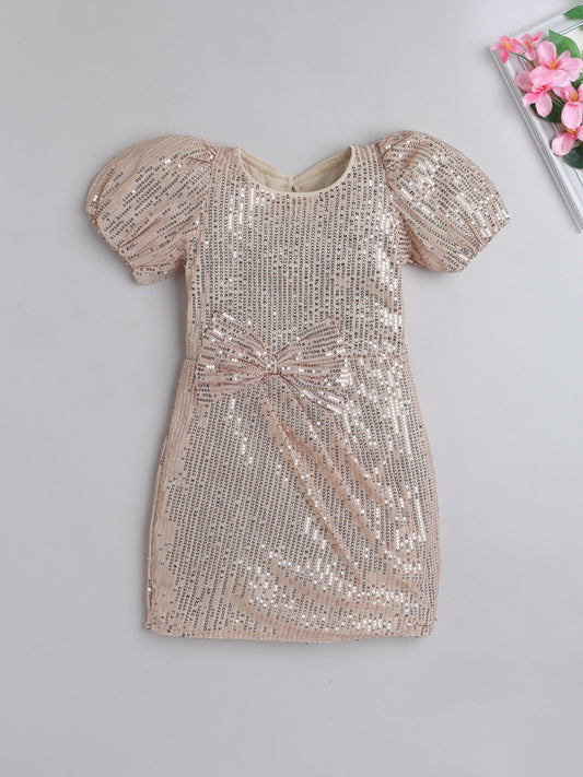 Half Sleeve Sequins-& Bow Embelsihed Party Dress - Beige