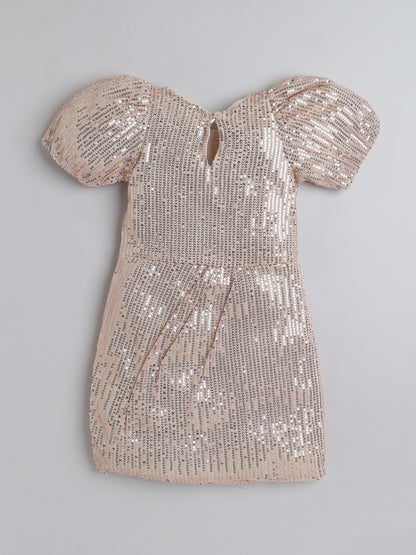 Half Sleeve Sequins-& Bow Embelsihed Party Dress - Beige