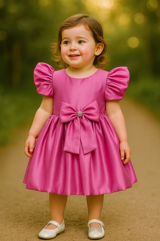 The Magic Wand Puff Sleeve with Bow Applique Fit & Flared Party Dress Pink