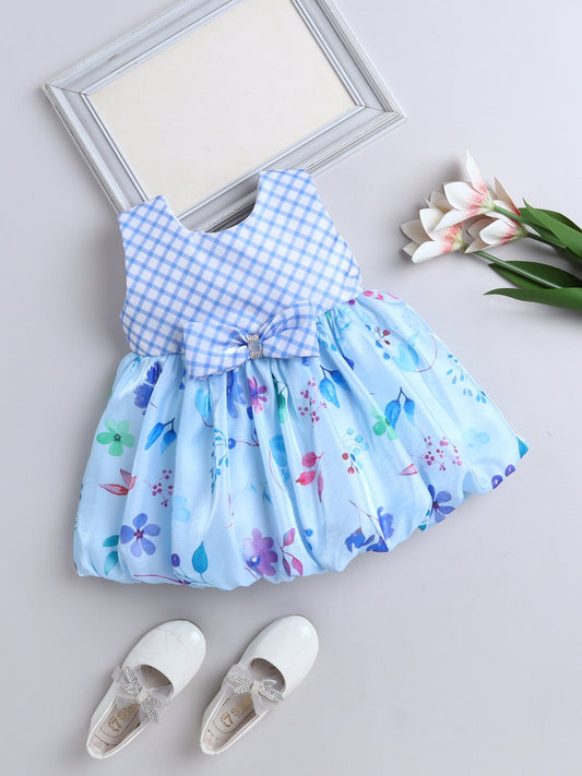 The Magic Wand Sleeveless Bow Applique Floral Printed Dress- Blue