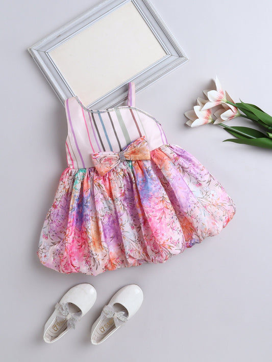 The Magic Wand One Shoulder Bow Applique All Over Printed Dress - Pink