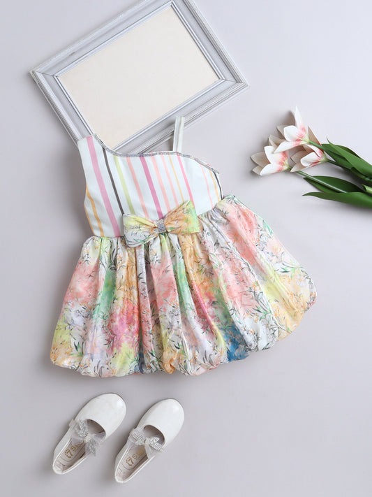The Magic Wand One Shoulder Bow Applique All Over Printed Dress - Multi Color