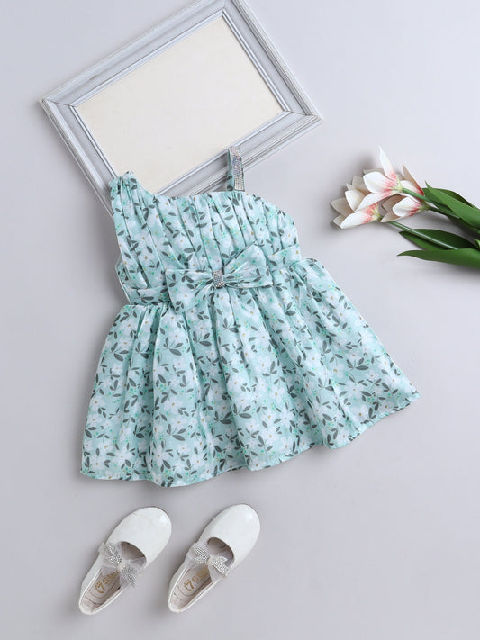 The Magic Wand One Shoulder Bow Applique Floral Printed Dress - Teal