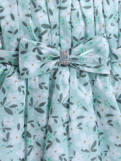 The Magic Wand One Shoulder Bow Applique Floral Printed Dress - Teal