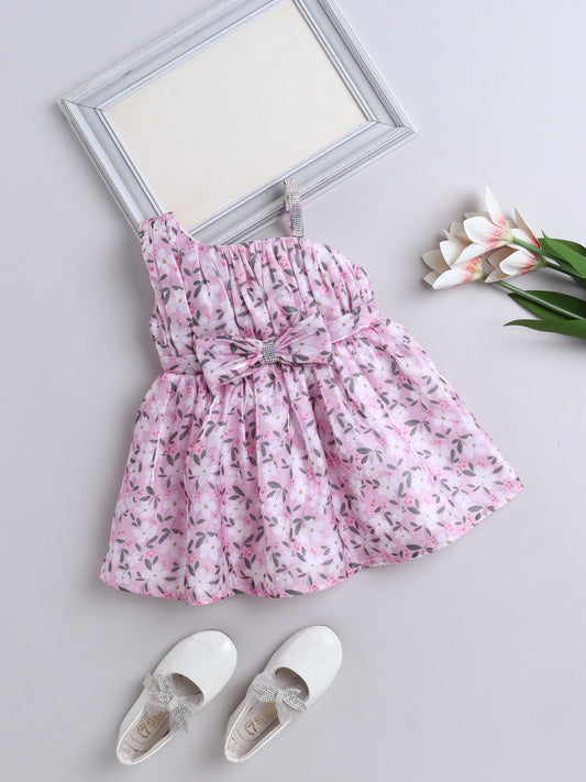 The Magic Wand One Shoulder Bow Applique Floral Printed Dress - Pink