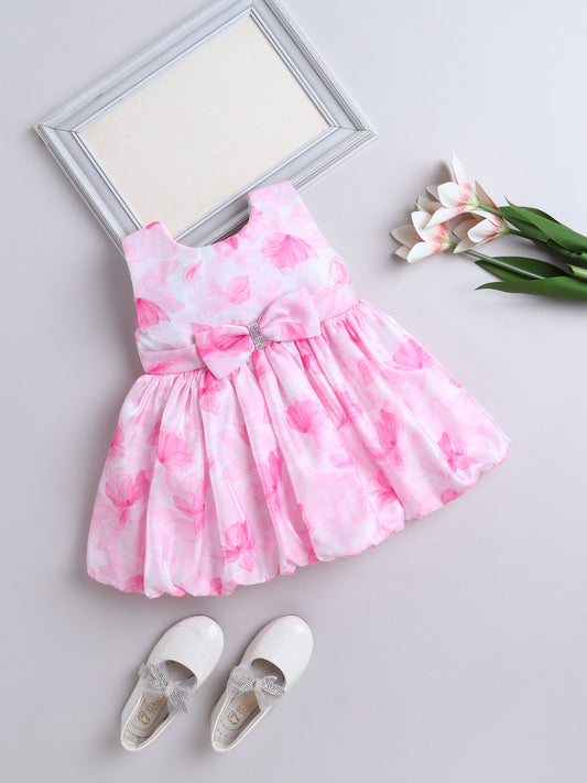 The Magic Wand Sleeveless Bow Applique Floral Printed Dress - Pink
