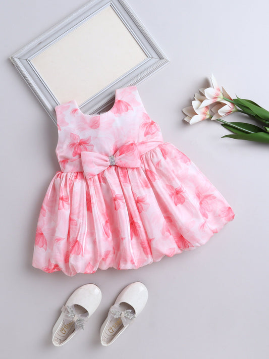 The Magic Wand Sleeveless Bow Applique Floral Printed Dress- Peach