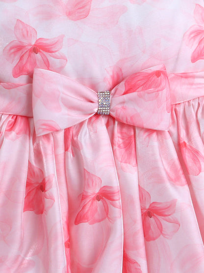 The Magic Wand Sleeveless Bow Applique Floral Printed Dress- Peach