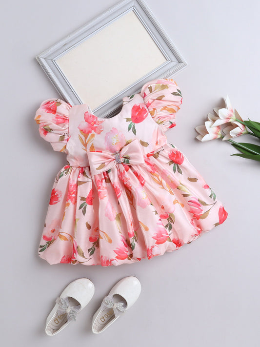 The Magic Wand Puff Sleeves Bow Applique Floral Printed Dress - Peach