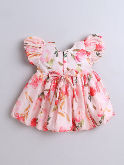 The Magic Wand Puff Sleeves Bow Applique Floral Printed Dress - Peach