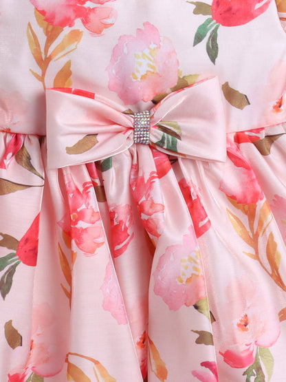 The Magic Wand Puff Sleeves Bow Applique Floral Printed Dress - Peach