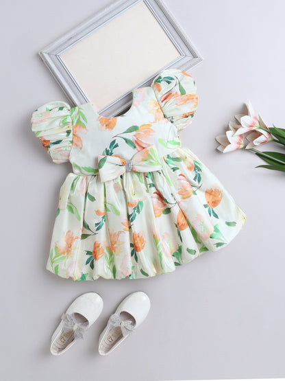 The Magic Wand Puff Sleeves Bow Applique Floral Printed Dress - Green