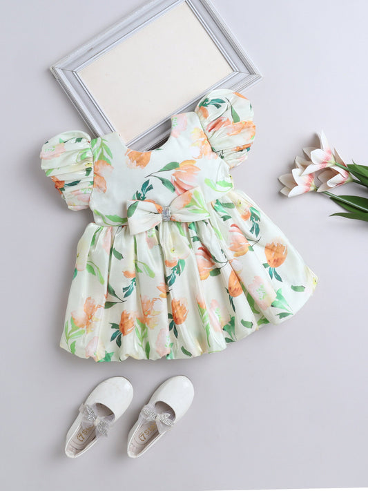 The Magic Wand Puff Sleeves Bow Applique Floral Printed Dress - Green