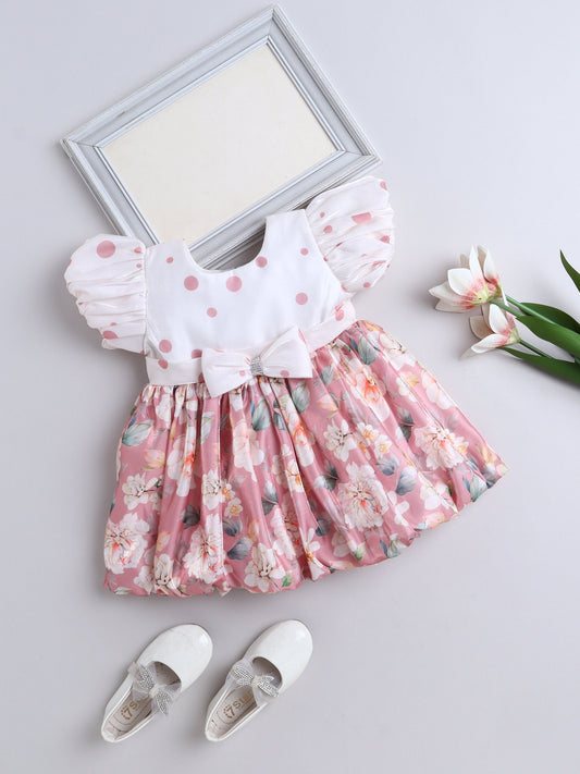 The Magic Wand Puff Sleeves Bow Applique Floral Printed Dress - Onion Pink
