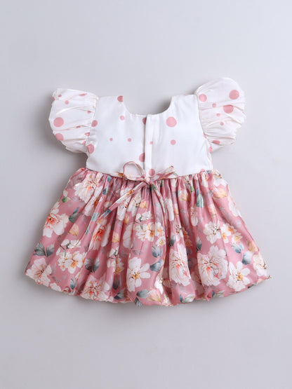 The Magic Wand Puff Sleeves Bow Applique Floral Printed Dress - Onion Pink