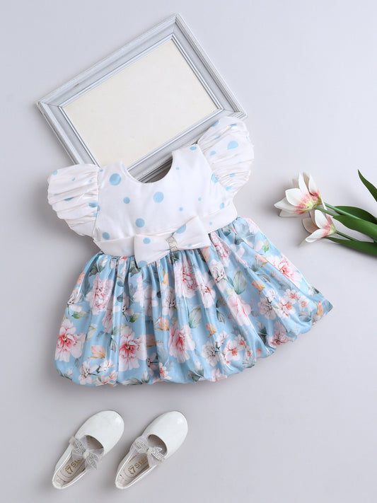 The Magic Wand Puff Sleeves Bow Applique Floral Printed Dress Blue