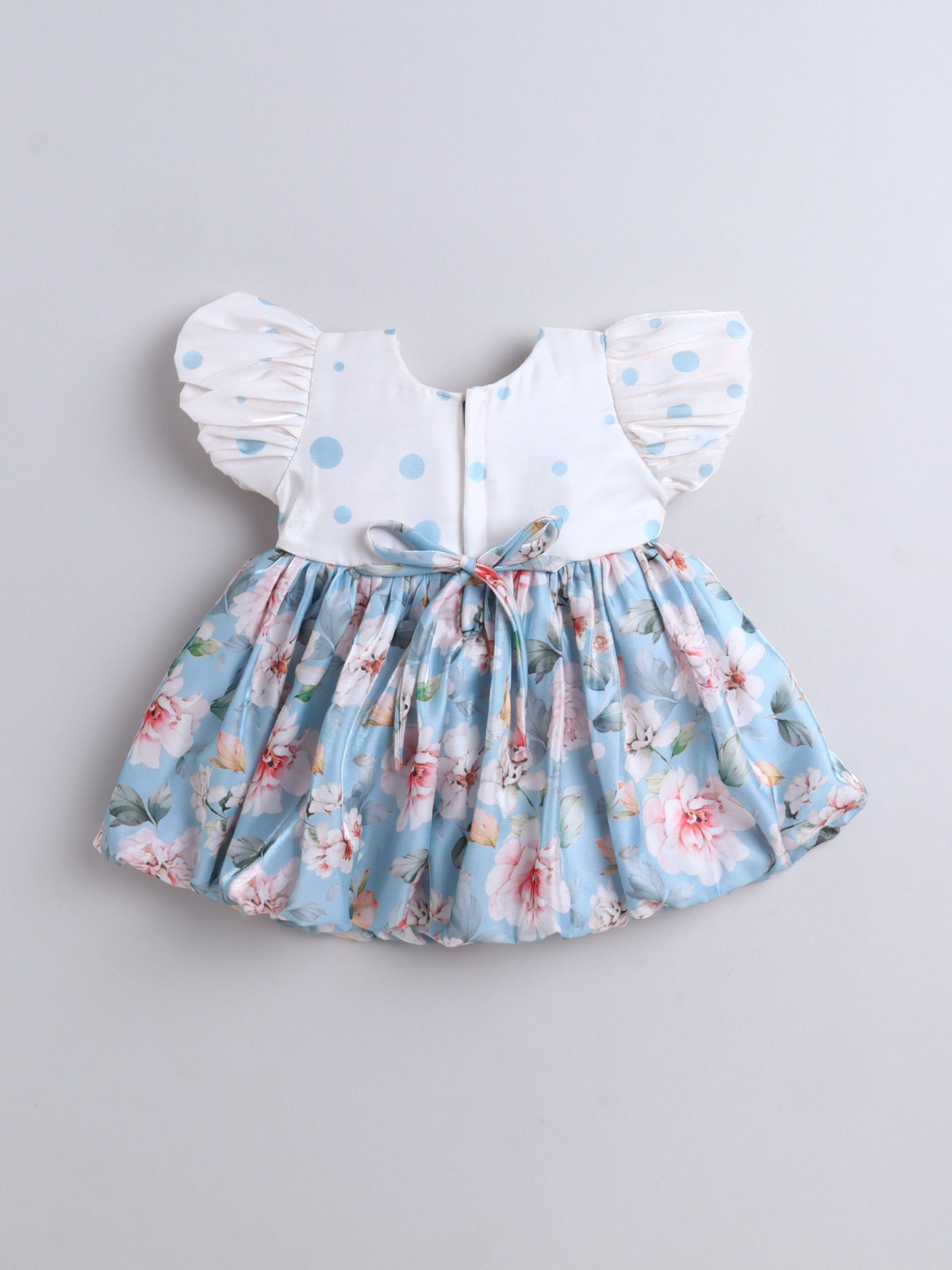 The Magic Wand Puff Sleeves Bow Applique Floral Printed Dress Blue