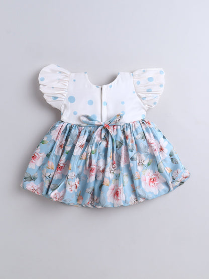 The Magic Wand Puff Sleeves Bow Applique Floral Printed Dress Blue