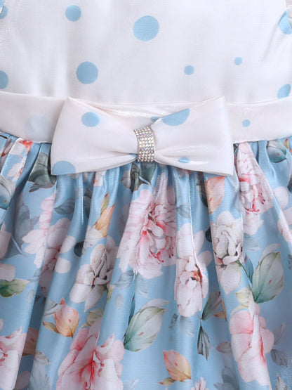 The Magic Wand Puff Sleeves Bow Applique Floral Printed Dress Blue