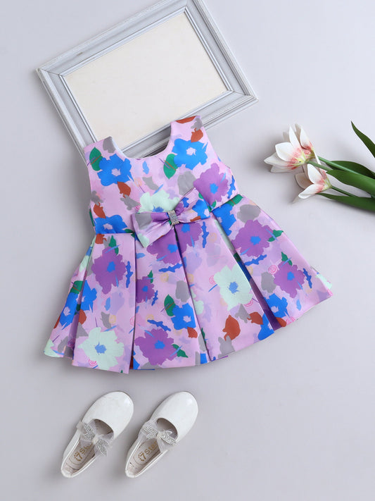The Magic Wand Sleeveless Bow Applique Floral Printed Dress - Purple