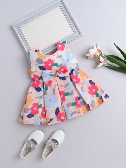 The Magic Wand Sleeveless Bow Applique Floral Printed Dress - Light Peach