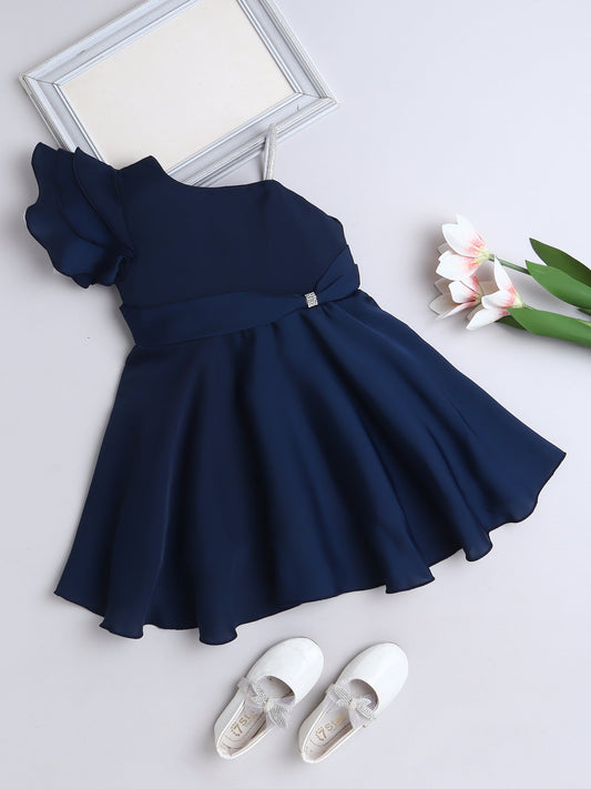 The Magic Wand Solid One Shoulder Party Dress -Navy Blue