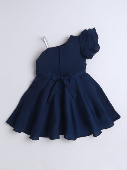 The Magic Wand Solid One Shoulder Party Dress -Navy Blue