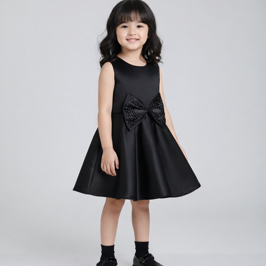 The Magic Wand Woven Sleeveless Stone Embellished Bow Applique Detailed Dress - Black