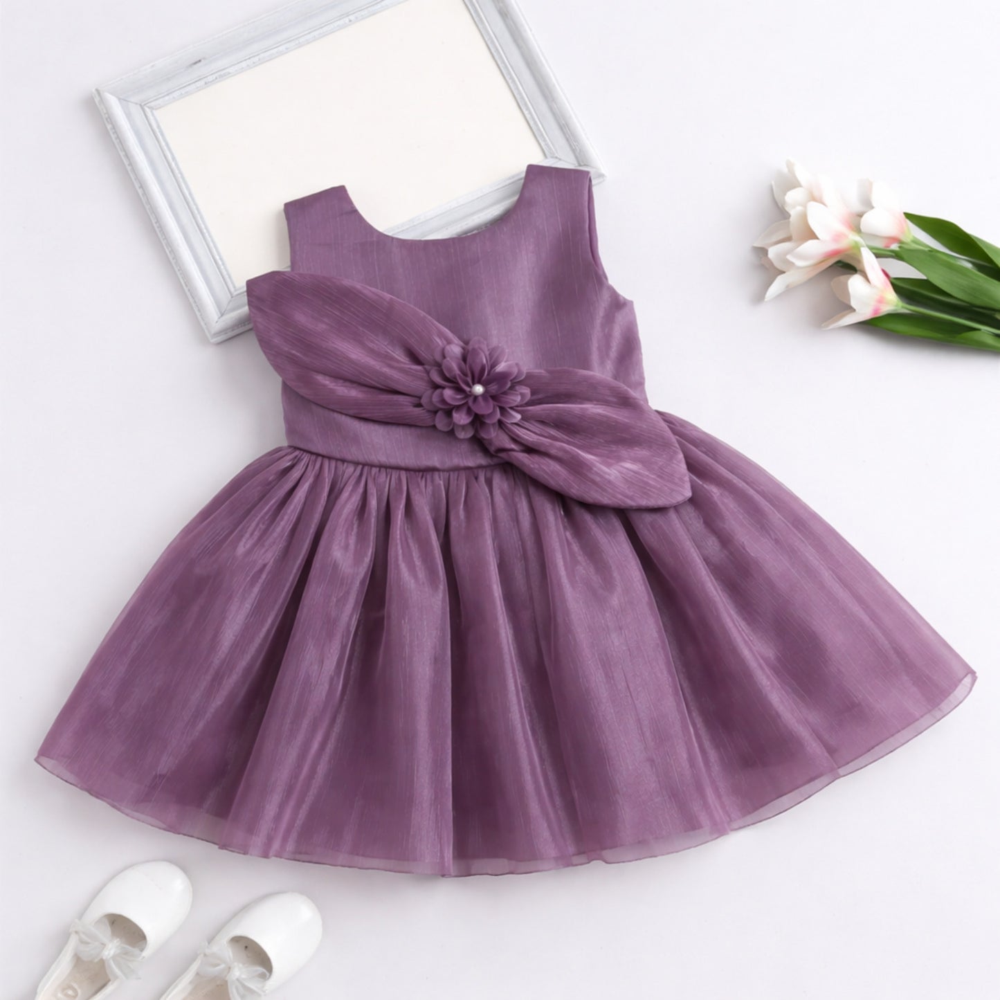 The Magic Wand Woven Sleeveless Statement Party Dress With Floral Applique - Purple