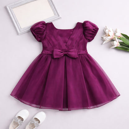 The Magic Wand Woven Puff Sleeves Bodice Pleated Dress With Bow Applique - Wine
