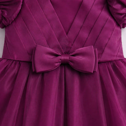 The Magic Wand Woven Puff Sleeves Bodice Pleated Dress With Bow Applique - Wine